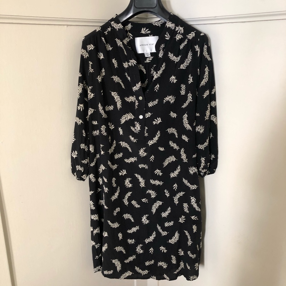 Amour Vert Black Silk Leaf Print Dress